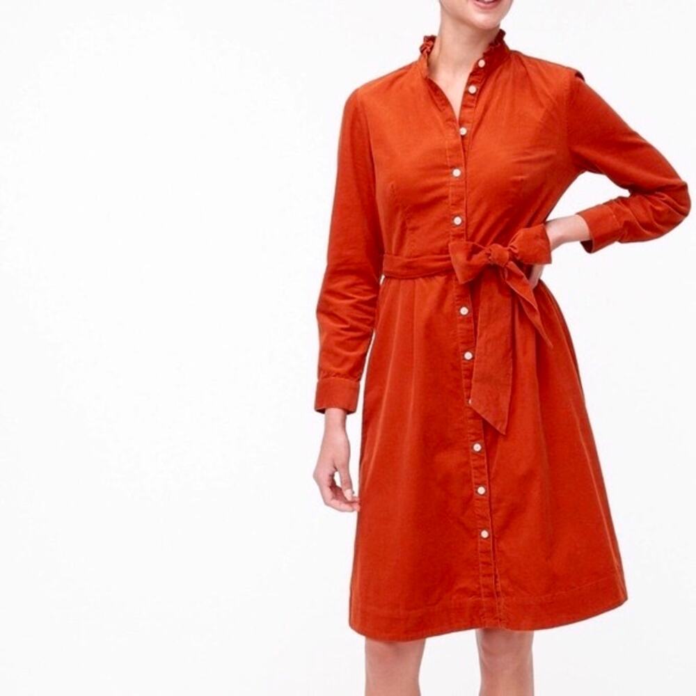 J.CREW Corduroy Midi Dress Cotton Ruffle High Neck Belted Button Front Size 0